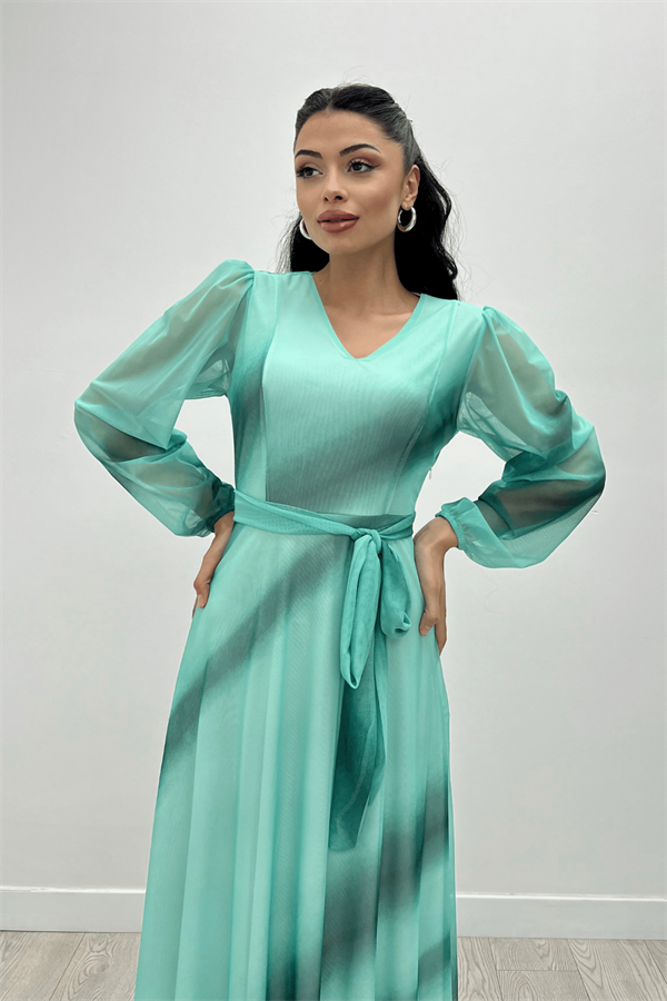 Tül Kumaş V Yaka Maxi Elbise - MAVİ - 2