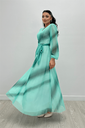 Tül Kumaş V Yaka Maxi Elbise - MAVİ - 3