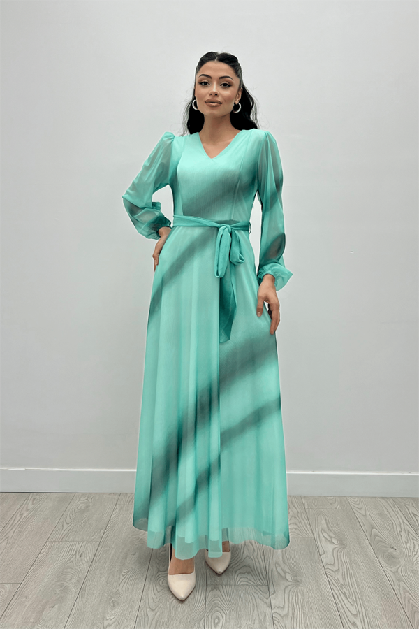 Tül Kumaş V Yaka Maxi Elbise - MAVİ - 4