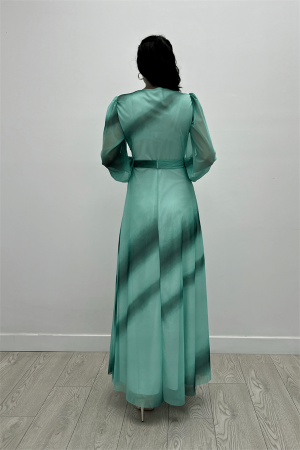 Tül Kumaş V Yaka Maxi Elbise - MAVİ - 5