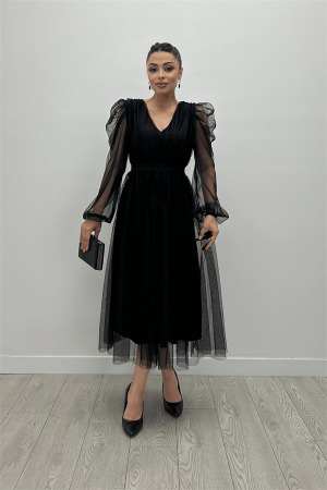 Tül Kumaş V Yaka Midi Detaylı Elbise - SİYAH - Angelino Moda