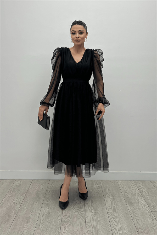 Tül Kumaş V Yaka Midi Detaylı Elbise - SİYAH - 1