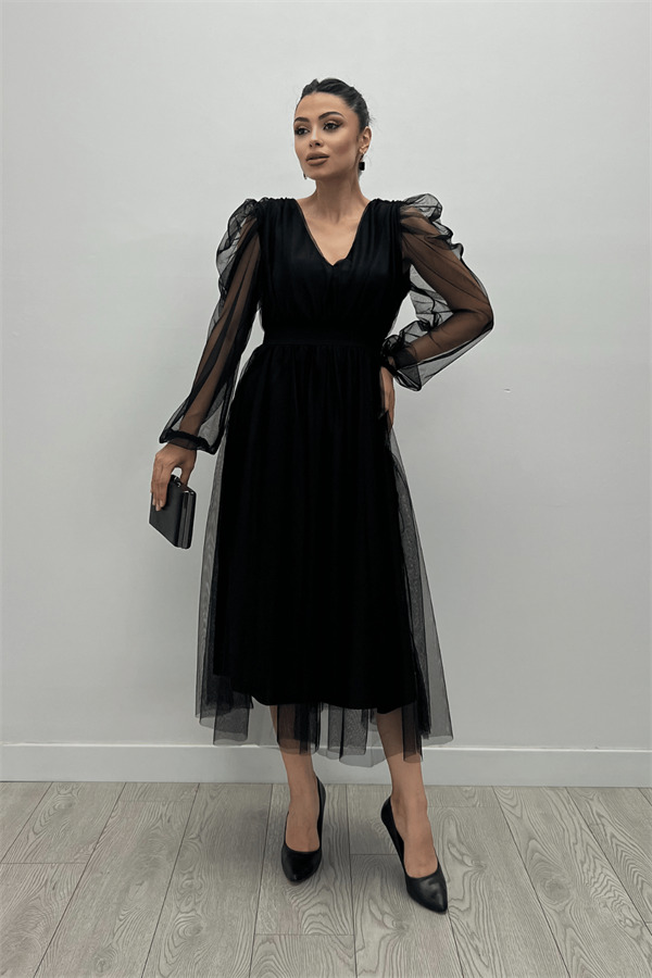 Tül Kumaş V Yaka Midi Detaylı Elbise - SİYAH - 2