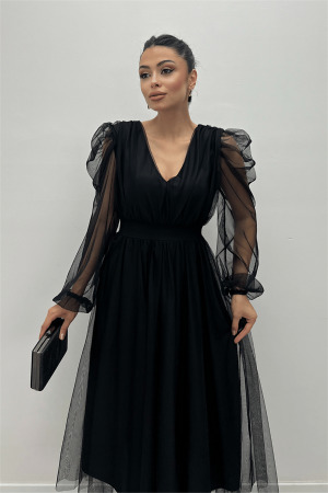 Tül Kumaş V Yaka Midi Detaylı Elbise - SİYAH - 3
