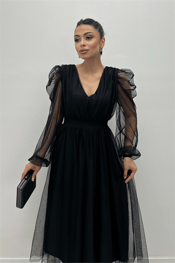 Tül Kumaş V Yaka Midi Detaylı Elbise - SİYAH - 3