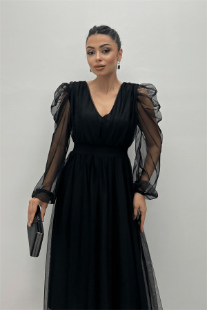 Tül Kumaş V Yaka Midi Detaylı Elbise - SİYAH - 4