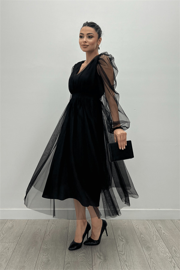 Tül Kumaş V Yaka Midi Detaylı Elbise - SİYAH - 5