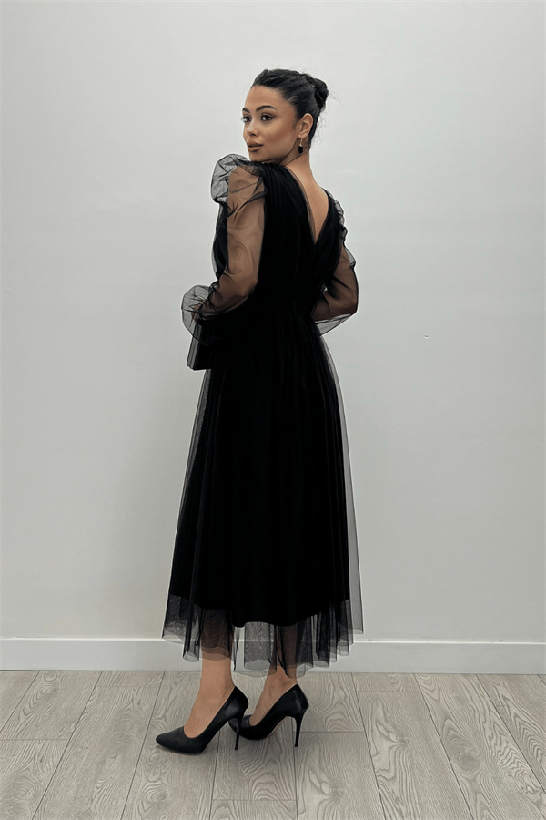 Tül Kumaş V Yaka Midi Detaylı Elbise - SİYAH - 6