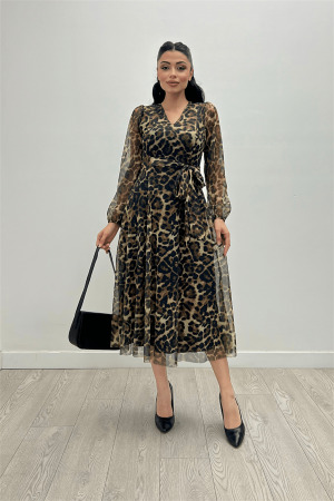 Tül Kumaş V Yaka Midi Elbise - LEOPAR - 1