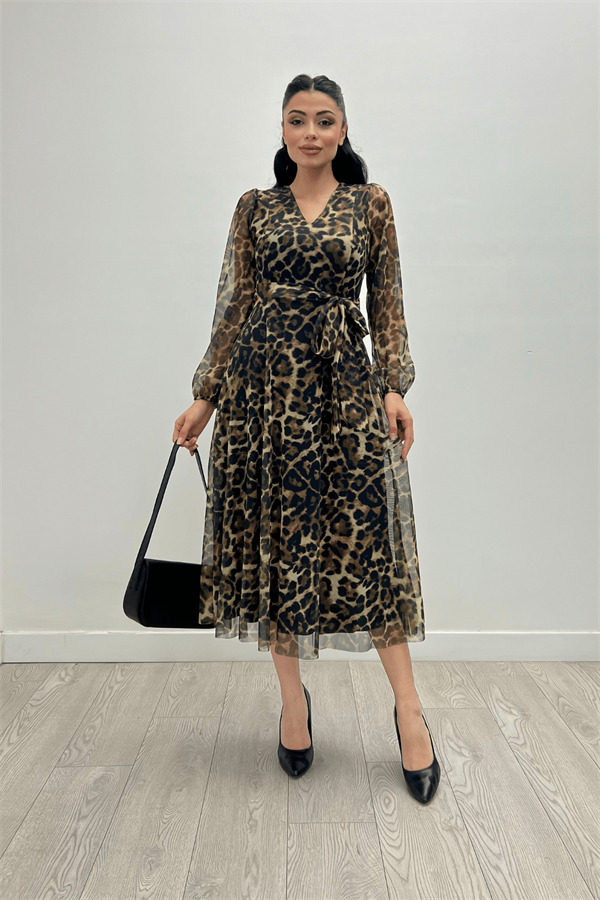 Tül Kumaş V Yaka Midi Elbise - LEOPAR - 1