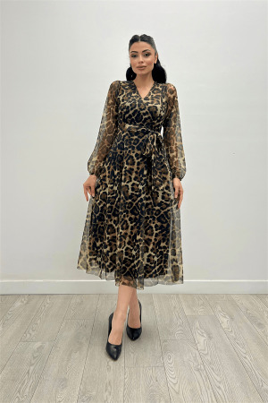 Tül Kumaş V Yaka Midi Elbise - LEOPAR - 2