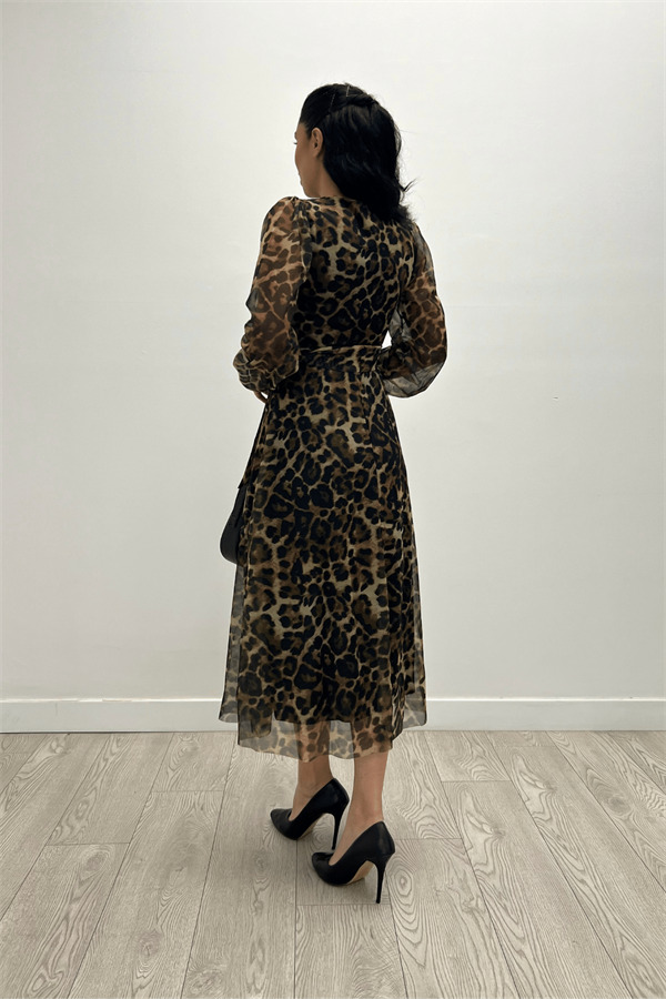 Tül Kumaş V Yaka Midi Elbise - LEOPAR - 5