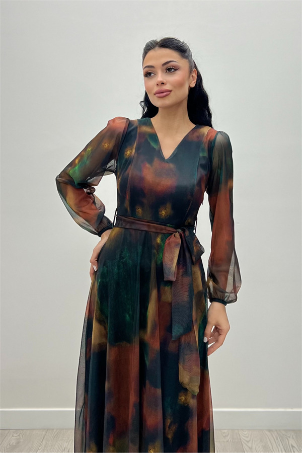 Tül Kumaş V Yaka Midi Elbise - SARI - 2