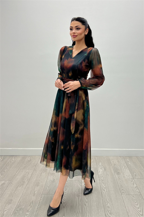 Tül Kumaş V Yaka Midi Elbise - SARI - 3