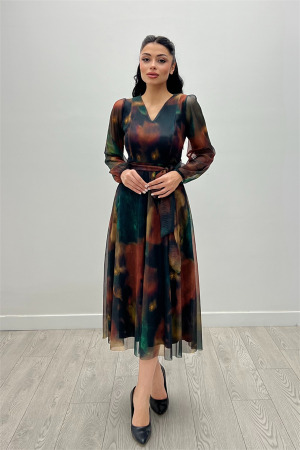 Tül Kumaş V Yaka Midi Elbise - SARI - 4