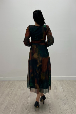 Tül Kumaş V Yaka Midi Elbise - SARI - 5