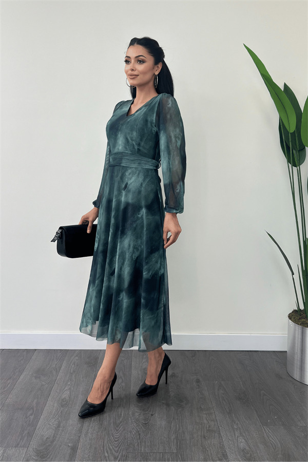 Tül Kumaş V Yaka Midi Elbise - TURKUAZ - 1