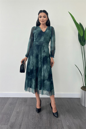 Tül Kumaş V Yaka Midi Elbise - TURKUAZ - Angelino Moda (1)