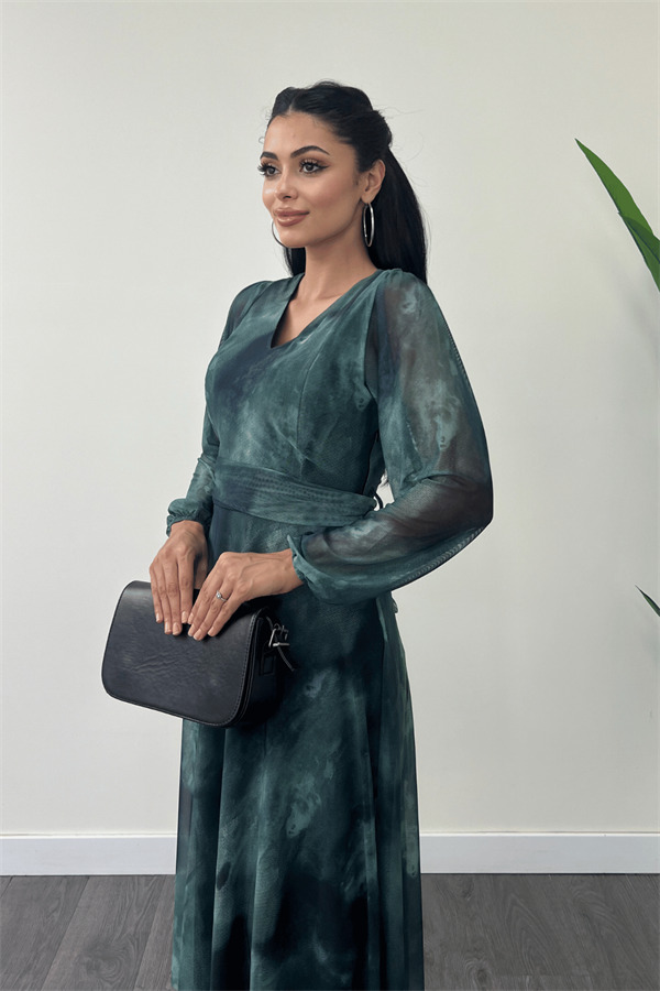 Tül Kumaş V Yaka Midi Elbise - TURKUAZ - 3