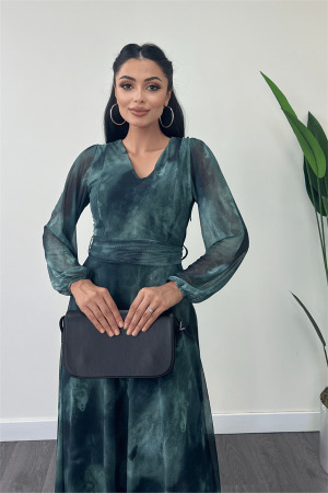 Tül Kumaş V Yaka Midi Elbise - TURKUAZ - 4