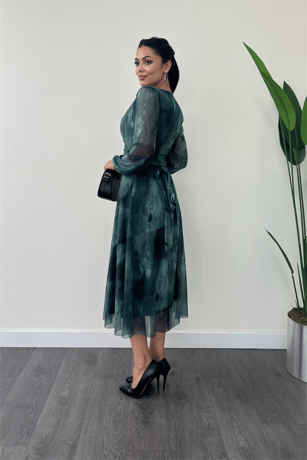 Tül Kumaş V Yaka Midi Elbise - TURKUAZ - 5