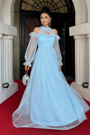 Tül Kumaş Volan Detaylı Tasarım Elbise - BEBE MAVİSİ - Angelino Moda (1)