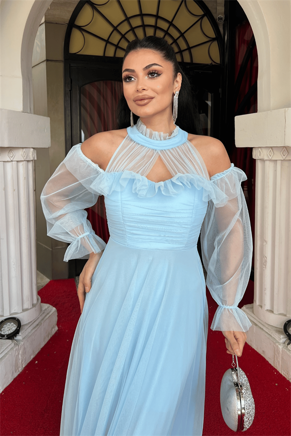 Tül Kumaş Volan Detaylı Tasarım Elbise - BEBE MAVİSİ - 3