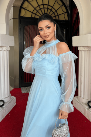 Tül Kumaş Volan Detaylı Tasarım Elbise - BEBE MAVİSİ - 4