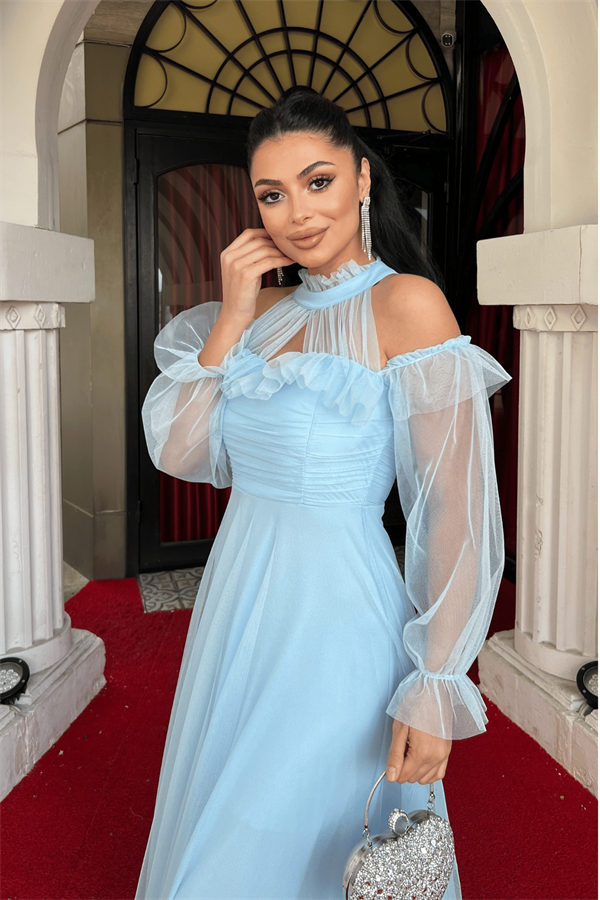 Tül Kumaş Volan Detaylı Tasarım Elbise - BEBE MAVİSİ - 4