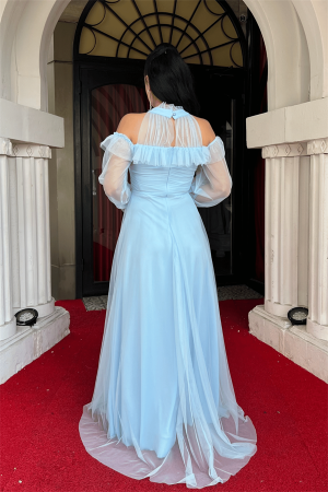 Tül Kumaş Volan Detaylı Tasarım Elbise - BEBE MAVİSİ - 5