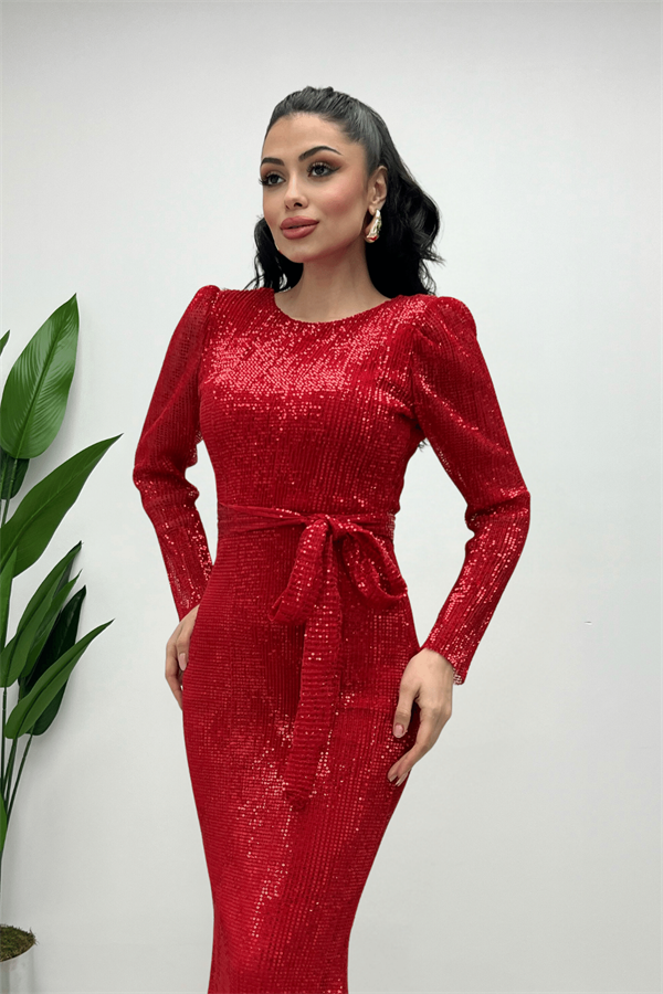 Tül Payet Kumaş Balık Abiye Elbise - KIRMIZI - 2