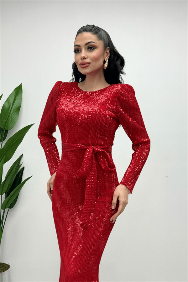 Tül Payet Kumaş Balık Abiye Elbise - KIRMIZI - 2