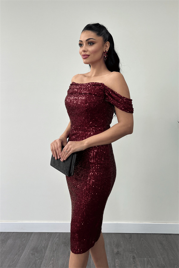 Tül Payet Kumaş Degaje Yaka Kalem Elbise - BORDO - 3