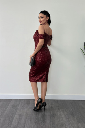 Tül Payet Kumaş Degaje Yaka Kalem Elbise - BORDO - 5