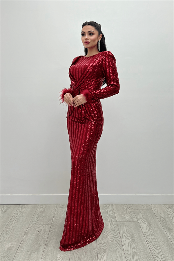 Tül Payet Kumaş Kolları Otris Detaylı Balık Elbise - KIRMIZI - 2