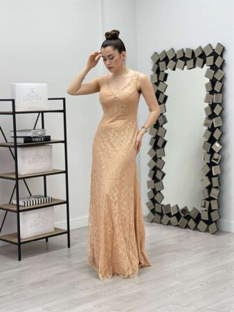 Tül Payet Tasarım Balık Elbise - GOLD - 1