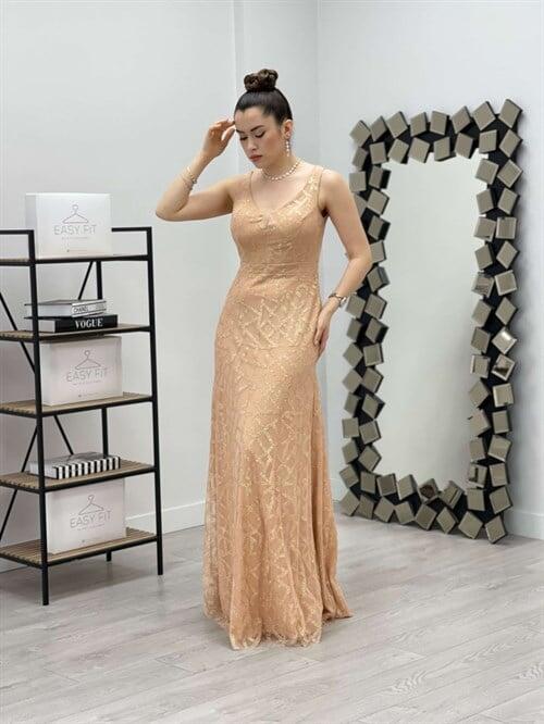 Tül Payet Tasarım Balık Elbise - GOLD - 1
