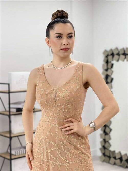 Tül Payet Tasarım Balık Elbise - GOLD - 3