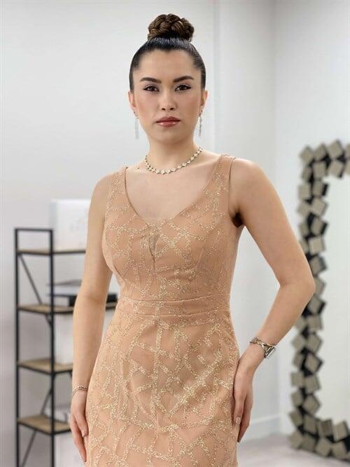 Tül Payet Tasarım Balık Elbise - GOLD - 4