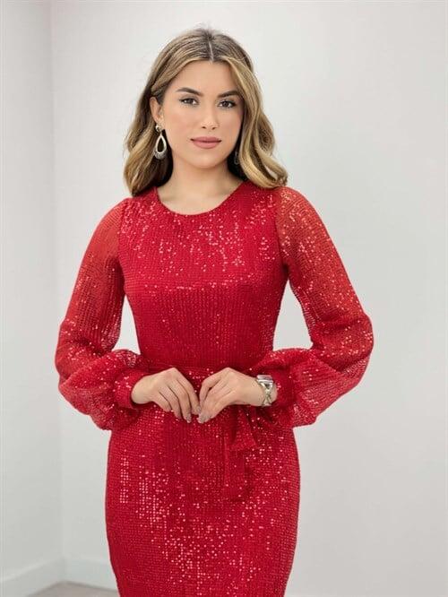 Tül Payet Tasarım Elbise - KIRMIZI - 3