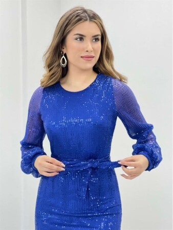 Tül Payet Tasarım Elbise - SAKS MAVİ - 4