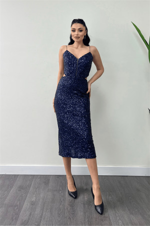 Tül Pul Payet Kumaş Sırt Detaylı Kalem Elbise - LACİVERT - Angelino Moda