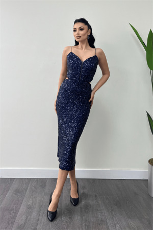 Tül Pul Payet Kumaş Sırt Detaylı Kalem Elbise - LACİVERT - Angelino Moda (1)