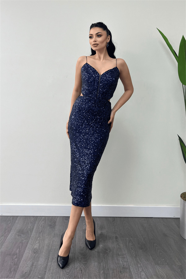 Tül Pul Payet Kumaş Sırt Detaylı Kalem Elbise - LACİVERT - 2