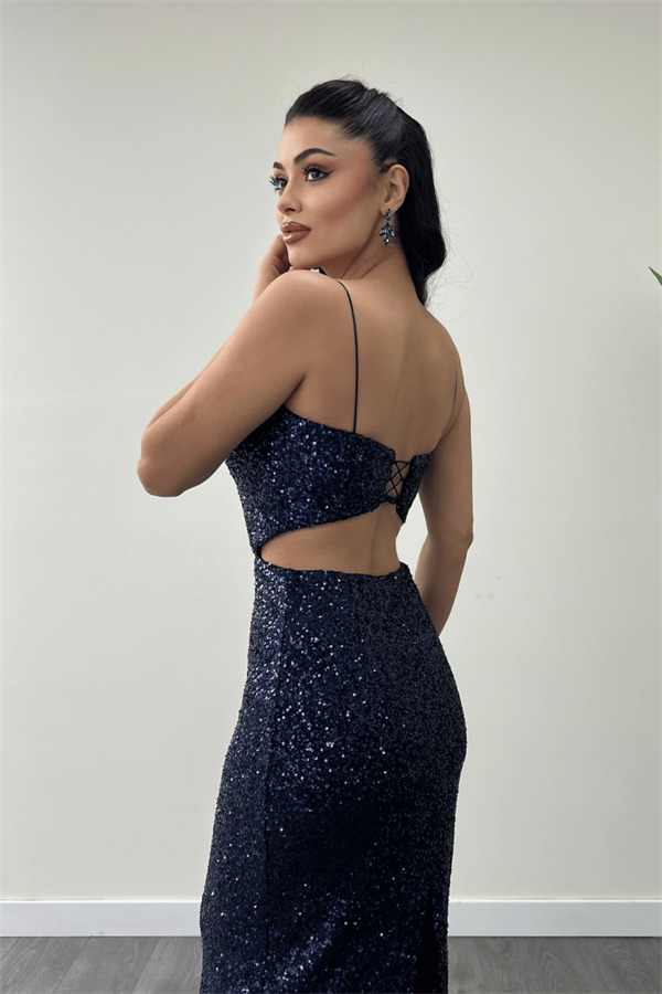 Tül Pul Payet Kumaş Sırt Detaylı Kalem Elbise - LACİVERT - 4