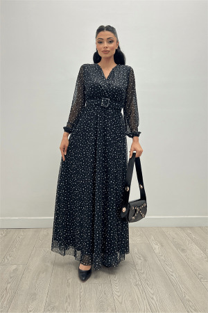 Laser Printed Belt Detailed Dress on Tulle - Black - Angelino Moda