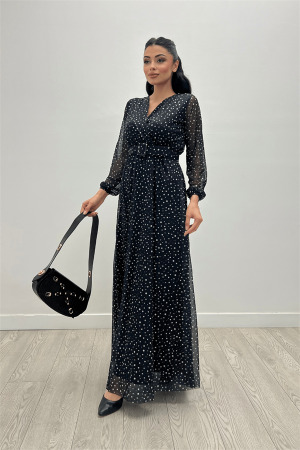 Laser Printed Belt Detailed Dress on Tulle - Black - Angelino Moda (1)