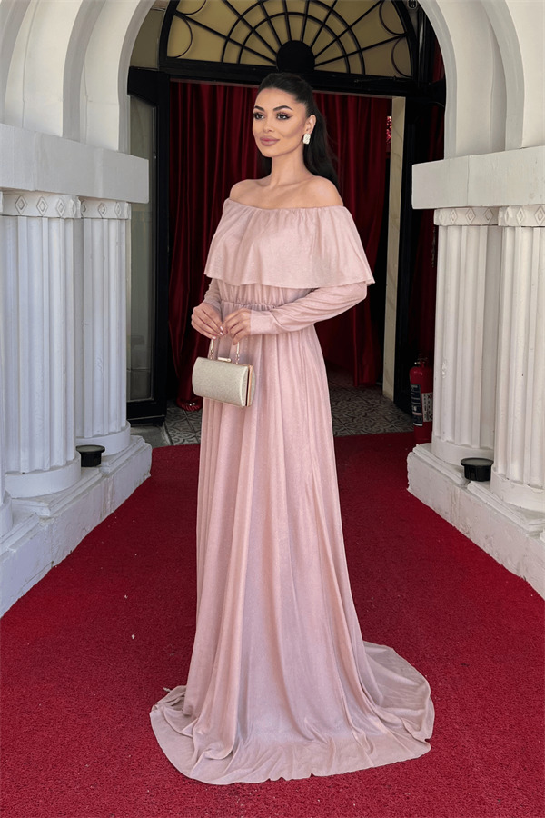 Tül Üzeri Simli Abiye Elbise - Pudra - 1