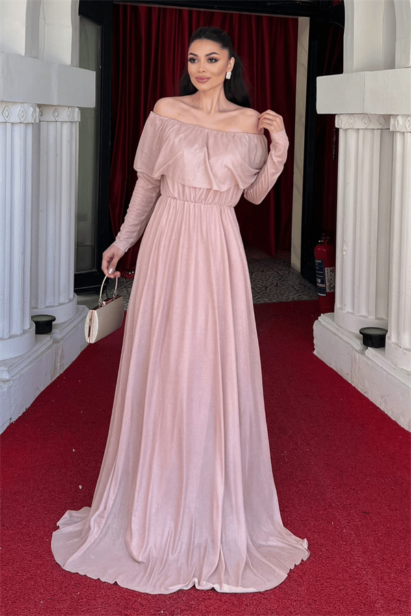 Tül Üzeri Simli Abiye Elbise - Pudra - 2