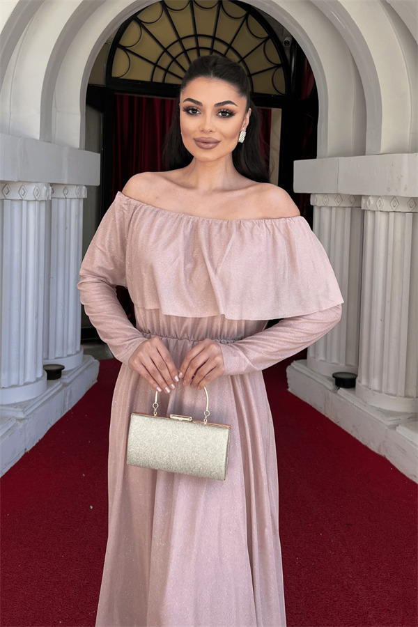 Tül Üzeri Simli Abiye Elbise - Pudra - 3